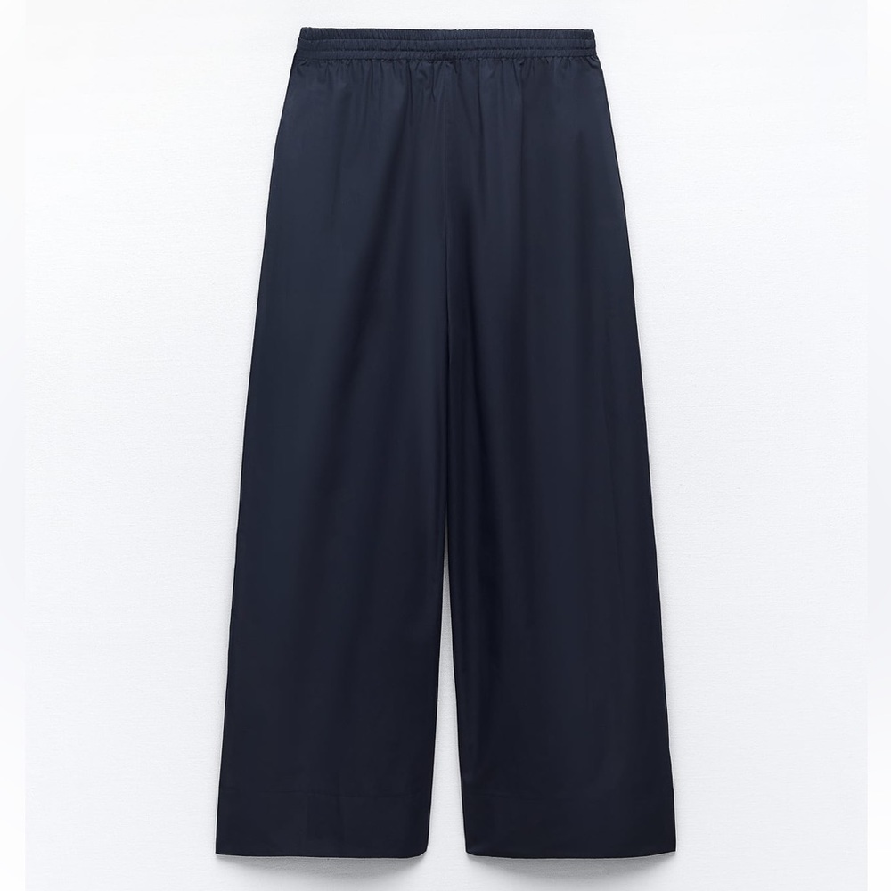 ZARA NEW WOMAN MID-RISE WIDE-LEG POPLIN TROUSERS PANT NAVY BLUE 7563/242 308/015 - Picture 5 of 7
